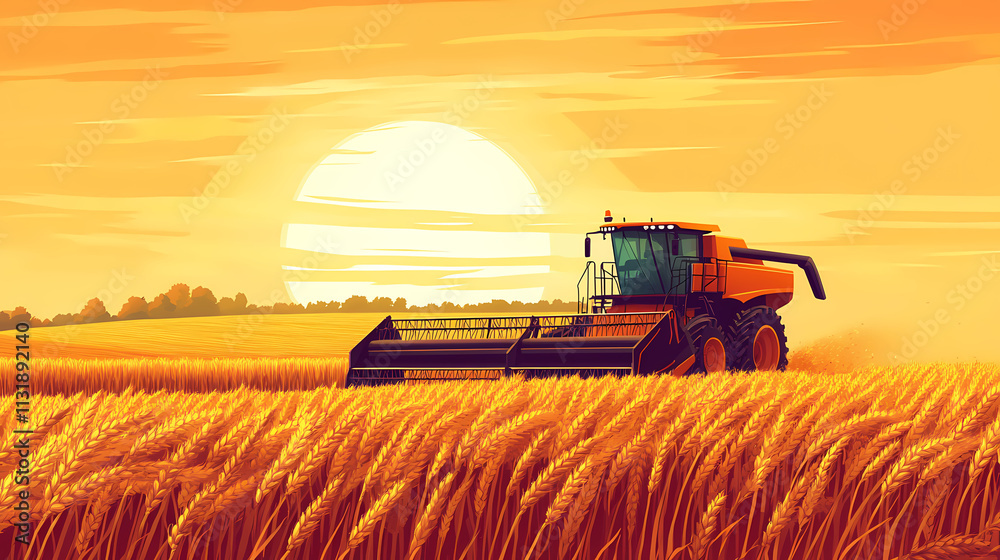 Fototapeta premium Sunset wheat harvesting with combine harvester in golden field design, summer agriculture scene, rural farm landscape design. Flux. Illustration