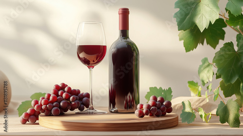 Close-Up of a Red Wine Bottle, Glass, and Grapes Against a Soft Light Background photo