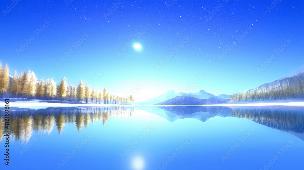 Fototapeta premium Serene Winter Lake Snowy Trees Mountain Reflection Calm Sky
