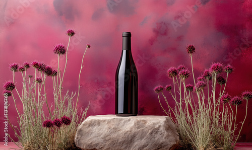 Rich Burgundy Background and Thistles Complementing a Red Wine Bottle on Rock Podium in Luxury Styling photo