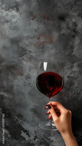 Sophisticated Still Life with Woman’s Hand and Glass of Red Wine in Artistic Concrete Background photo