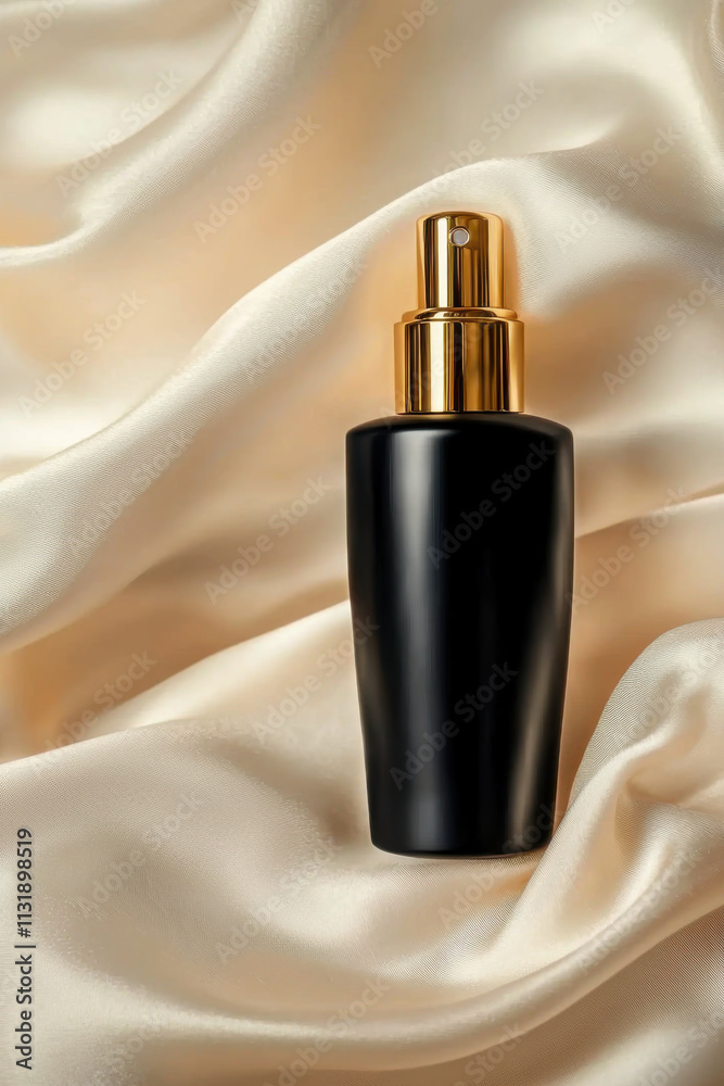 Naklejka premium Elegant black cosmetic bottle with golden pump on soft, flowing cream fabric background