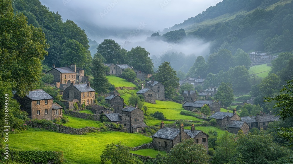 Obraz premium Misty morning in a quaint village nestled in a green valley.