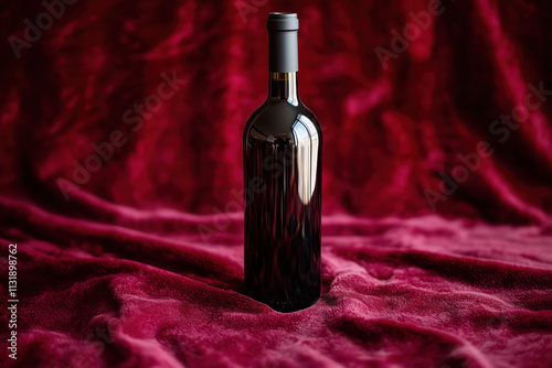 Elegant wine bottle displayed on luxurious burgundy velvet, perfect for premium marketing visuals photo