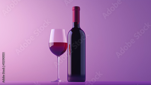 Elegant Red Wine Bottle and Glass Isolated on Purple Background, Capturing the Rich Color of the Wine photo