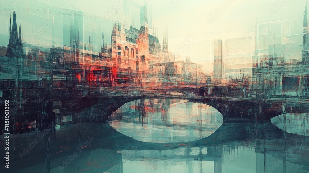 Fototapeta premium A city with a bridge, fragmented into overlapping planes and sharp angles, with the bridge and buildings merging into abstract forms.
