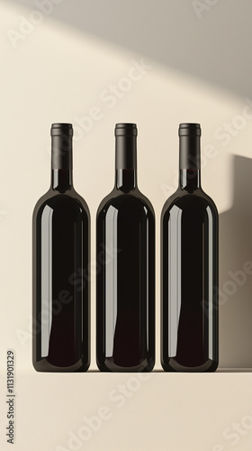 Set of Four Simple Wine Bottles Without Labels on a Minimalist Backdrop, Capturing Elegant Shadows photo