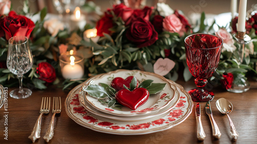 Romantic Valentine's Day dinner setup with elegant decor and red heart-shaped details