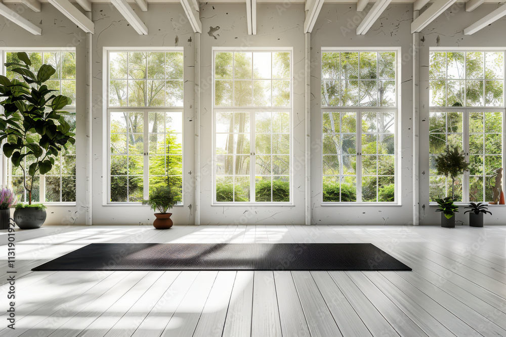 Fototapeta premium Gym white interior with black yoga mat