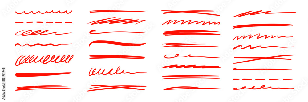 Red marker underline brush stroke set. Marker red pen highlights squiggle stroke. Vector swoosh brush handwritten underline set for accent, pencil emphasis element. Vector illustration