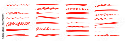 Red marker underline brush stroke set. Marker red pen highlights squiggle stroke. Vector swoosh brush handwritten underline set for accent, pencil emphasis element. Vector illustration