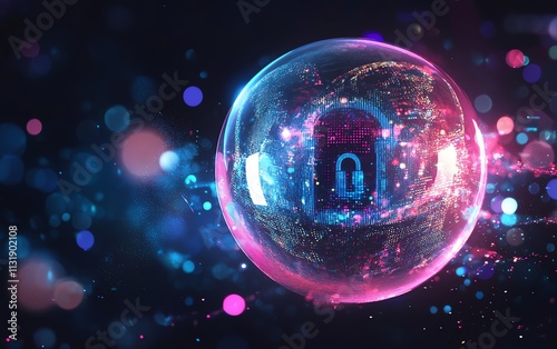 Bright digital lock sign in a sphere on dark abstract background, symbolizing data security and internet protection, with space for logo branding photo