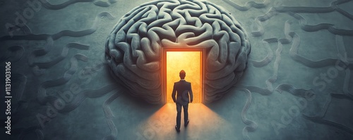 Creative idea and AI concept featuring a businessman entering an illuminated door in a human brainshaped labyrinth, on a grey background, symbolizing new pathways photo