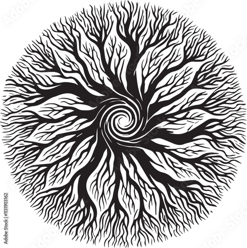 Roots spreading in concentric circles vector silhouette illustration