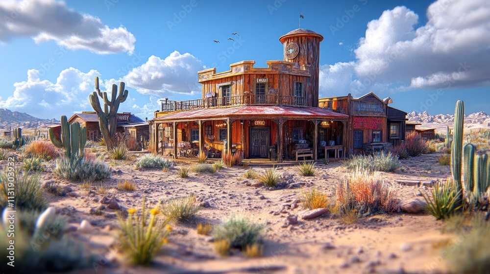 Fototapeta premium Old west saloon in desert landscape.