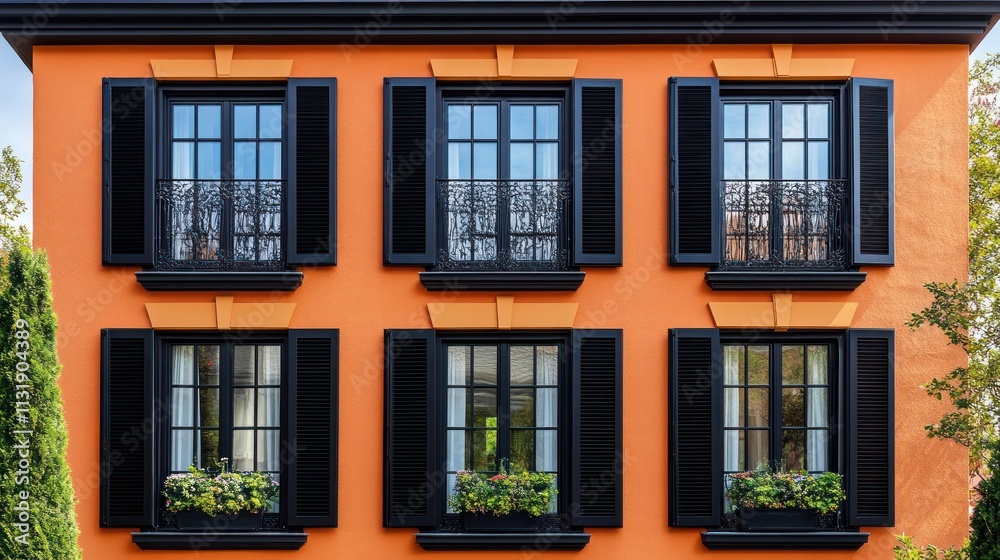 Fototapeta premium Orange building facade with black windows and shutters.