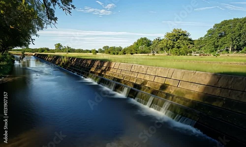 Serene Canal Scene: Tranquil Waters Flowing Over Stone Weir