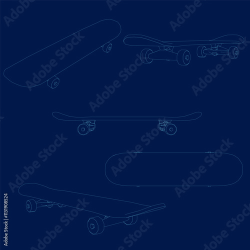 vector line art drawing illustration set collection of a skateboard