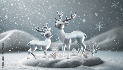 Crystal Deer and Fawn in a Snowy Landscape. A Magical Winter Wonderland of Frost and Elegance