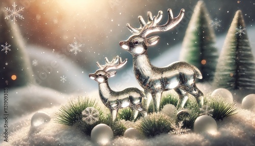 Radiant Crystal Deer and Fawn in a Golden Winter Wonderland. A Captivating Scene of Light and Elegan
