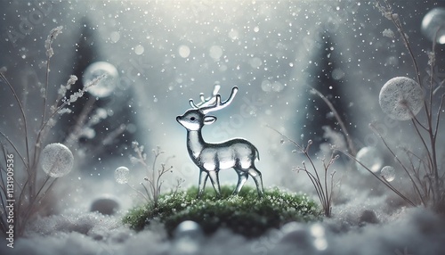 Crystal Deer in a Magical Winter Scene. A Mystical Display of Frost and Elegance
