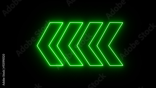 Glowing green neon light traffic directional arrows sign. Left arrow for road direction. Flashing direction indicators