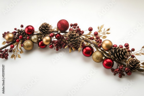 A long, elegant Christmas garland with intertwining red and gold ornaments, clusters of berries, and glittery pinecones laid in a curve on a white surface. photo