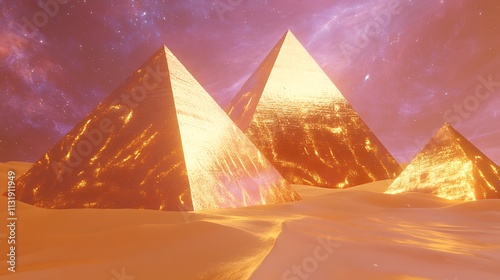 Golden pyramids glowing at sunset in a desert under a cosmic sky.