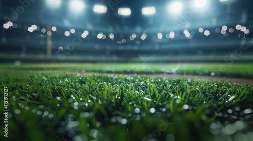 A close-up view of a baseball field at nighttime, with the stadium lights illuminating the grass and infield --ar 16:9 Job ID: 45ffed46-4ea1-47a0-8eea-488e85b2fdd1