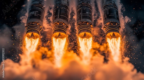 Four powerful rocket engines ignite, generating intense flames and smoke against a dark background.