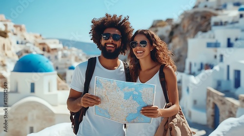 Couple exploring santorini greece travel photo summer vibes