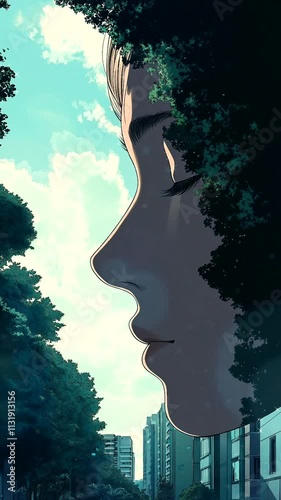 Serene Cityscape Woman's Profile Amidst Urban Nature