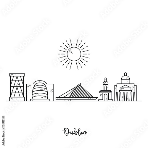 Simple sketch drawing of Dublin skyline vector illustration. Modern city in Europe in simple linear style vector design concept. One of big city in Ireland. Iconic architectural building design.