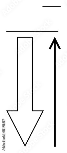 Two opposing arrows one up one down with parallel lines. Ideal for themes of direction, decision-making, conflict, balance, growth, descent, contrast. Line metaphor