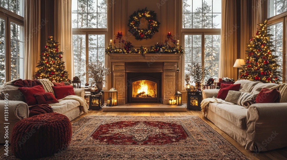 Fototapeta premium Soft blankets and plush pillows invite relaxation in this elegant winter living room, where twinkling lights and beautiful decor create a warm atmosphere by the crackling fireplace
