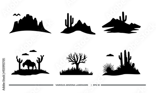 Silhouettes of various Arizona landmarks depicting desert landscapes and vegetation.