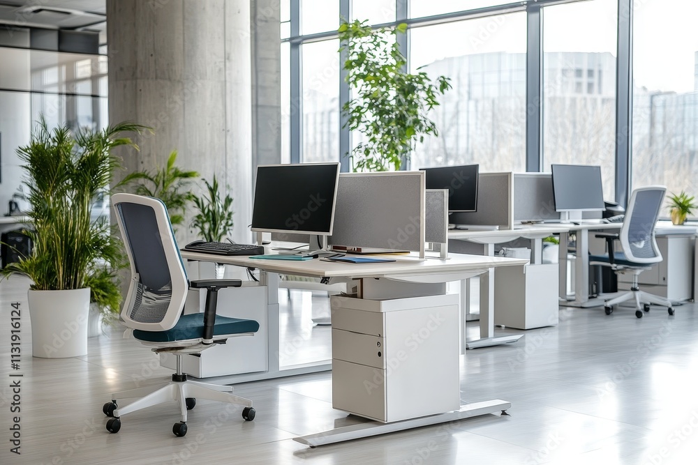 Fototapeta premium Modern empty office with computers, desks, chairs, and plants near large windows.