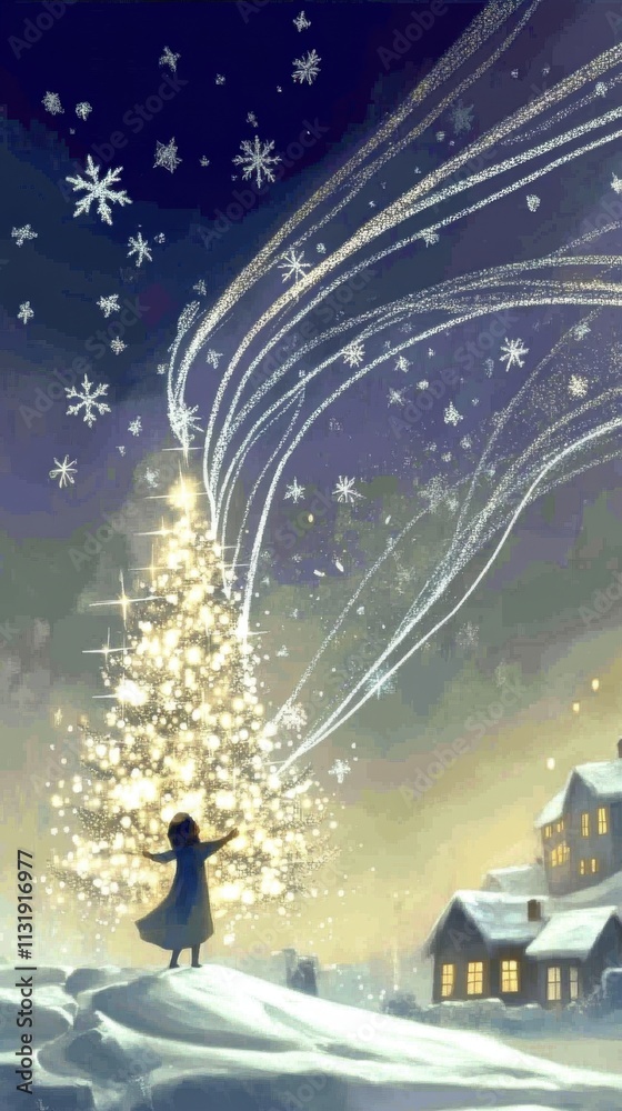 Obraz premium Magical winter scene with a glowing Christmas tree and a person admiring it 