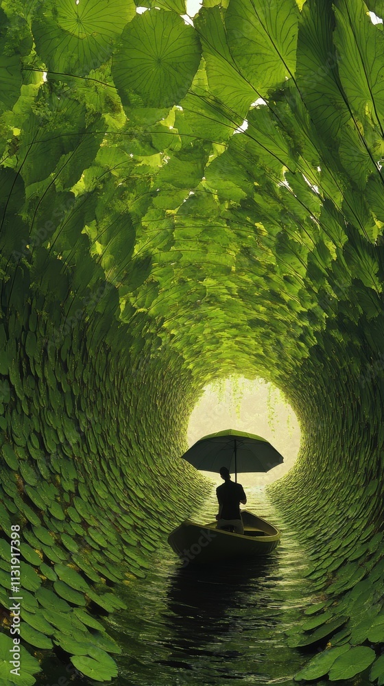 Naklejka premium Peaceful boat ride under an umbrella through a magical green leaf tunnel 
