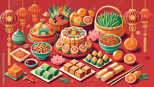 flat style illustration of a table filled with typical Chinese New Year foods such as basket cakes, yusheng, baskets of mandarin oranges, green bean cakes, tangyuan, spring rolls 