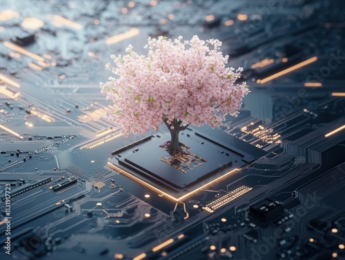 A digital circuit board intertwined with a blooming sakura tree, symbolizing eco-friendly AI advancements and the harmony of technology with nature
