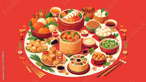 flat style illustration of a table filled with typical Chinese New Year foods such as basket cakes, yusheng, baskets of mandarin oranges, green bean cakes, tangyuan, spring rolls 