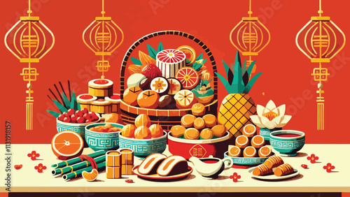 flat style illustration of a table filled with typical Chinese New Year foods such as basket cakes, yusheng, baskets of mandarin oranges, green bean cakes, tangyuan, spring rolls 