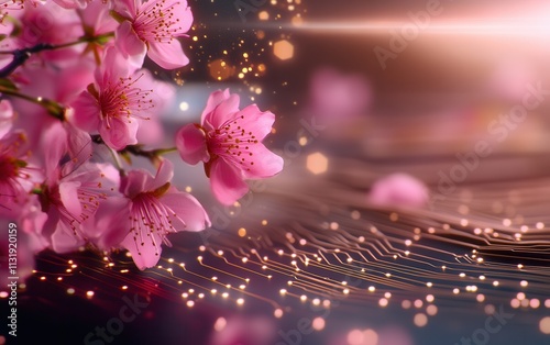 A digital circuit board intertwined with a blooming sakura tree, symbolizing eco-friendly AI advancements and the harmony of technology with nature