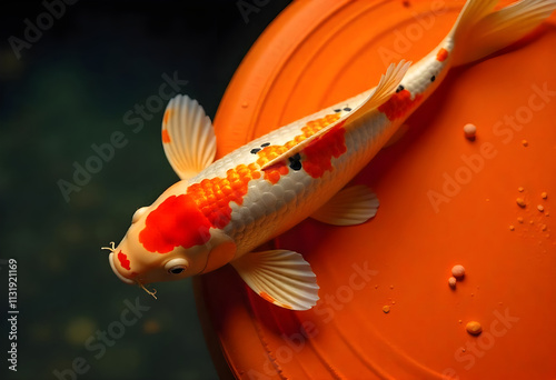 orange color koi fish decoration elements on an oranage platform ai generated photo