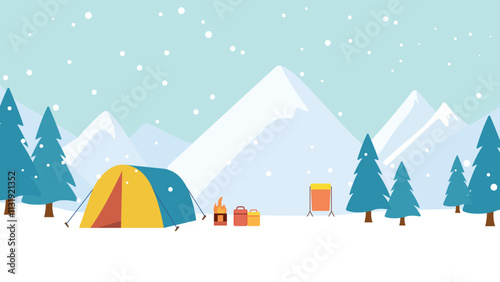 Winter Snow Holiday with Camping Camp Tent in Ice Mountain Nature Landscape with Pine Trees