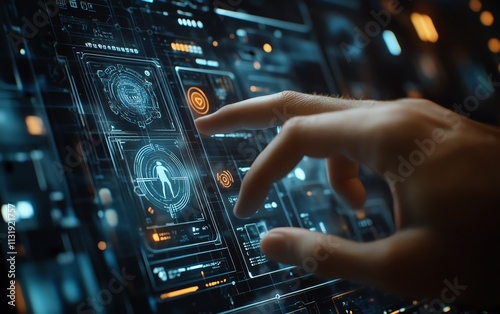 Man s finger scrolling through digital cards on a touch screen, choosing specialists or professionals based on personal data and ratings for hiring purposes