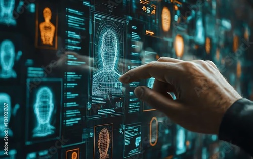Man s finger scrolling through digital cards on a touch screen, choosing specialists or professionals based on personal data and ratings for hiring purposes