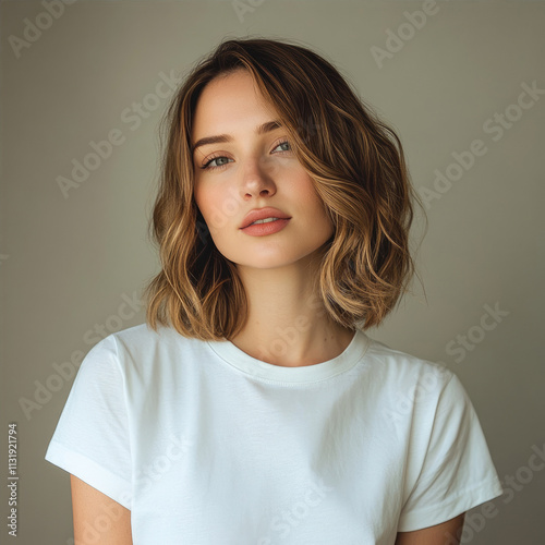 Portrait of a young woman with shoulder length wavy hair. Beauty, fashion, and style concept.
