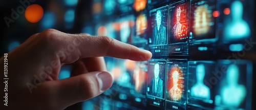 Man s finger selecting specialists by scrolling through digital cards with personal data and ratings on a touch screen, symbolizing the hiring process